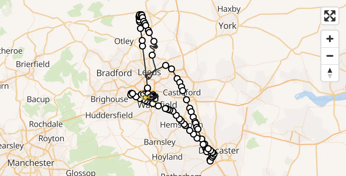 Flight path map showing Police Helicopter route from East Ardsley to East Ardsley