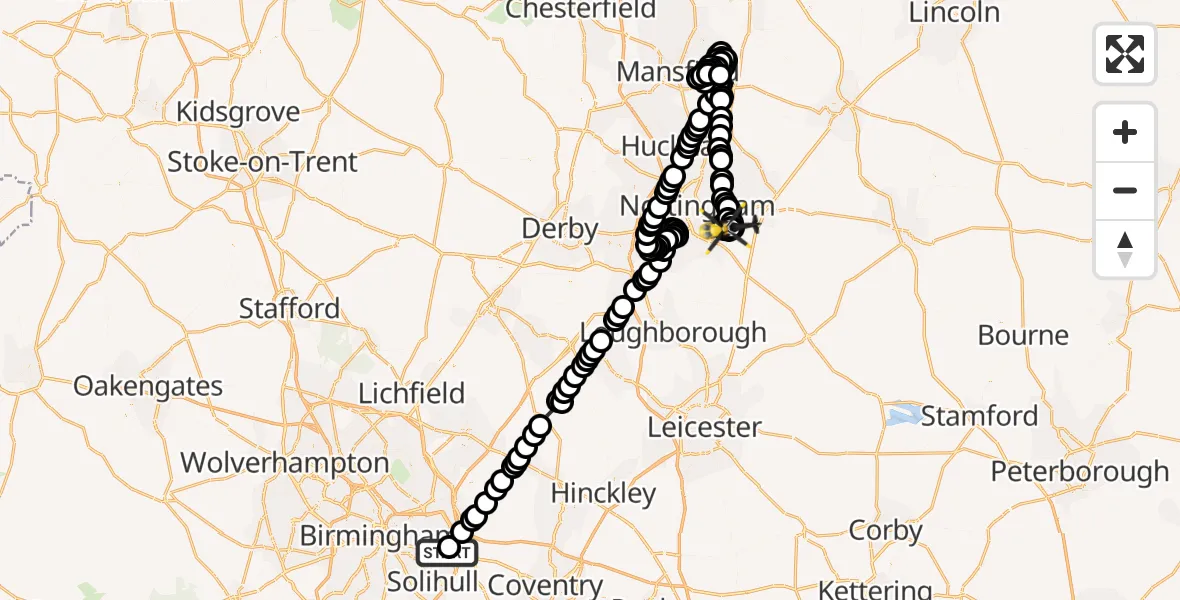 Flight route Police Helicopter Birmingham Airport - Holme Pierrepont, 02 March 2026, 19:49