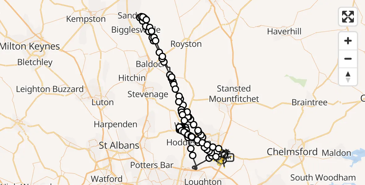 Flight path map showing Police Helicopter route from North Weald Airfield to North Weald Airfield