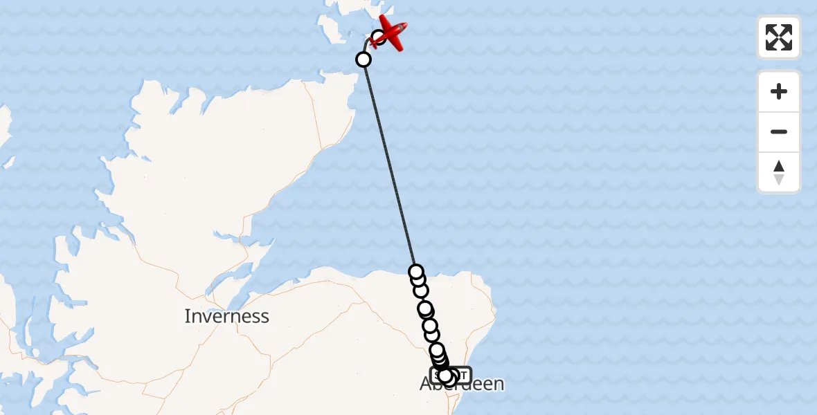 Flight path map showing Air Ambulance Aircraft route from Aberdeen International Airport to North Sea