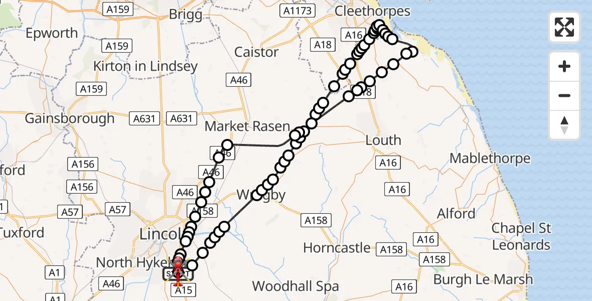 Flight path map showing Air Ambulance Helicopter route from RAF Waddington to North Kesteven