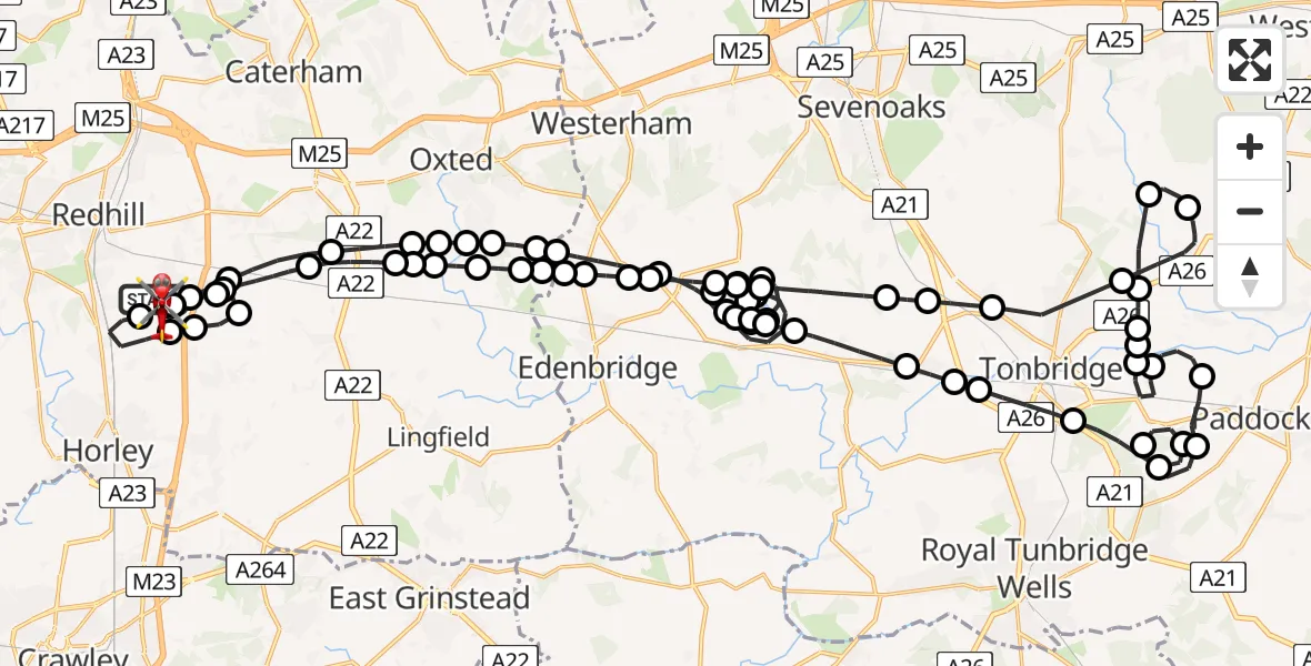 Flight path map showing Air Ambulance Helicopter route from Redhill Aerodrome to Redhill Aerodrome