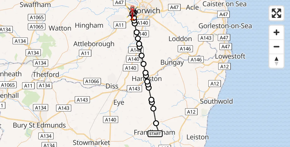 Flight path map showing Air Ambulance Helicopter route from Framlingham to Norfolk & Norwich Hospital