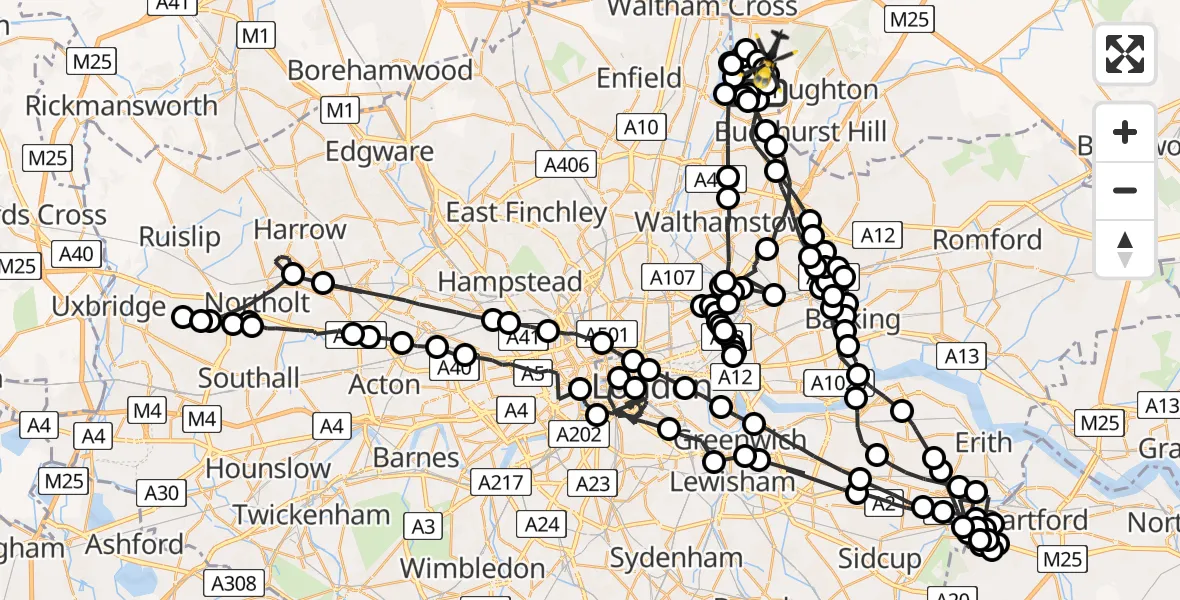 Flight path map showing Police Helicopter route from Sewardstonebury to Epping Forest
