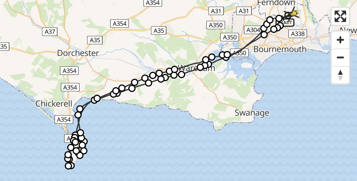 Flight path map showing Police Helicopter route from Throop to Bournemouth Airport