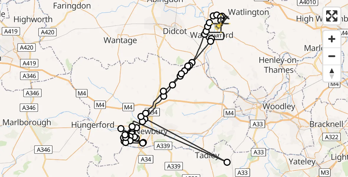 Flight path map showing Police Helicopter route from Crowmarsh Gifford to RAF Benson