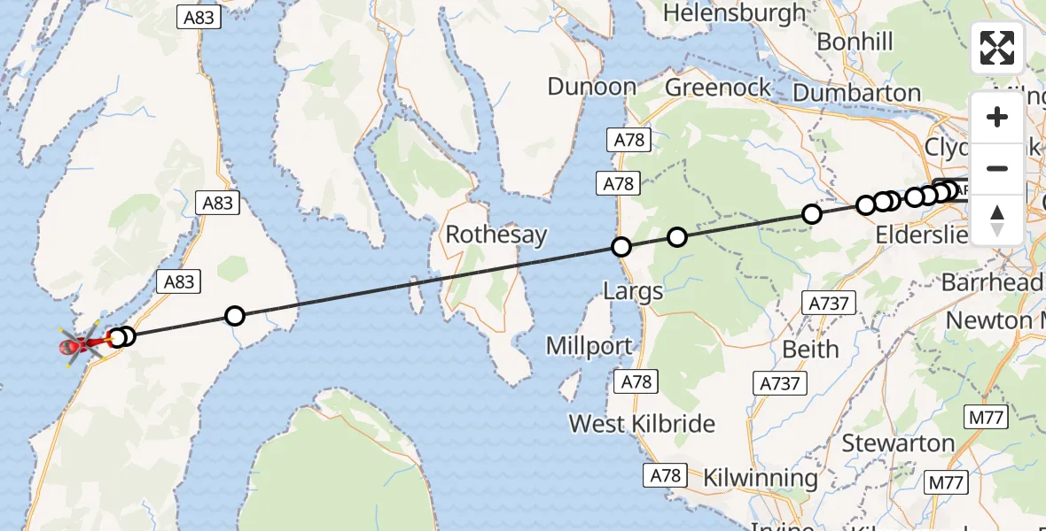 Flight path map showing Air Ambulance Helicopter route from Glasgow Airport to Inner Seas