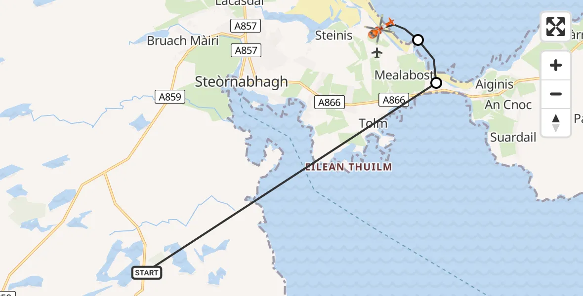Flight path map showing Coastguard Helicopter route from Griomsiadar to Mealabost