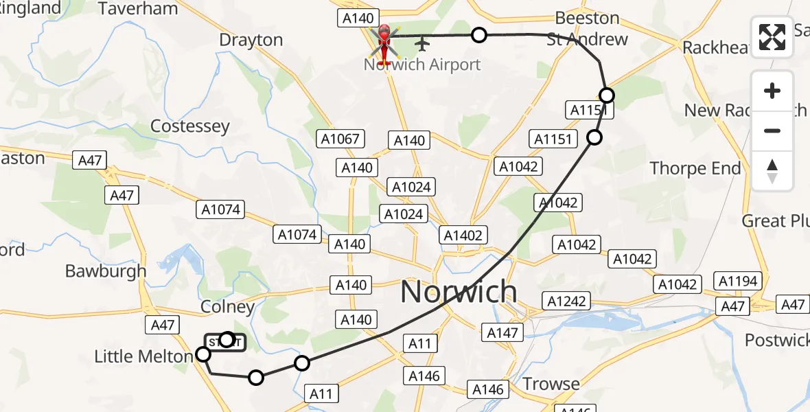 Flight path map showing Air Ambulance Helicopter route from Norfolk & Norwich Hospital to Norwich Airport