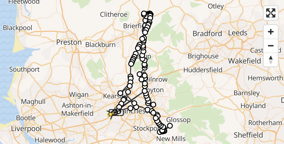 Flight path map showing Police Helicopter route from Worsley to Manchester Barton Aerodrome