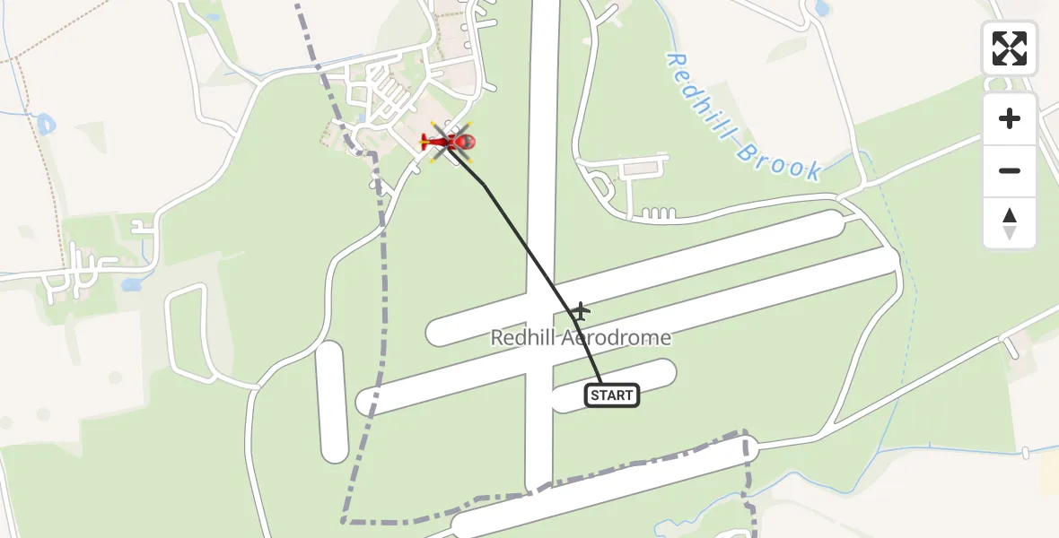 Flight path map showing Air Ambulance Helicopter route from Redhill Aerodrome to Redhill Aerodrome