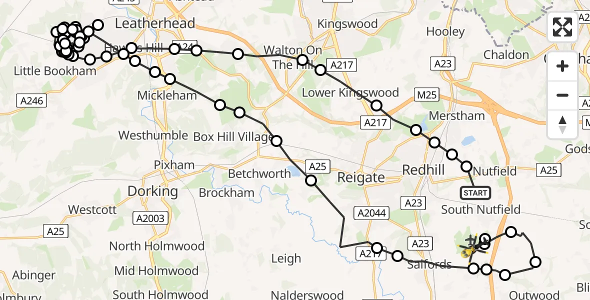 Flight path map showing Police Helicopter route from Nutfield to Tandridge