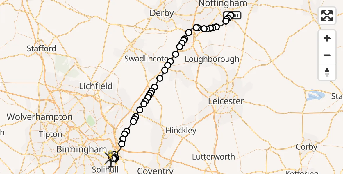 Flight path map showing Police Helicopter route from Tollerton to Solihull