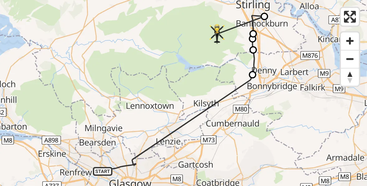 Flight path map showing Police Helicopter route from Glasgow to Stirling