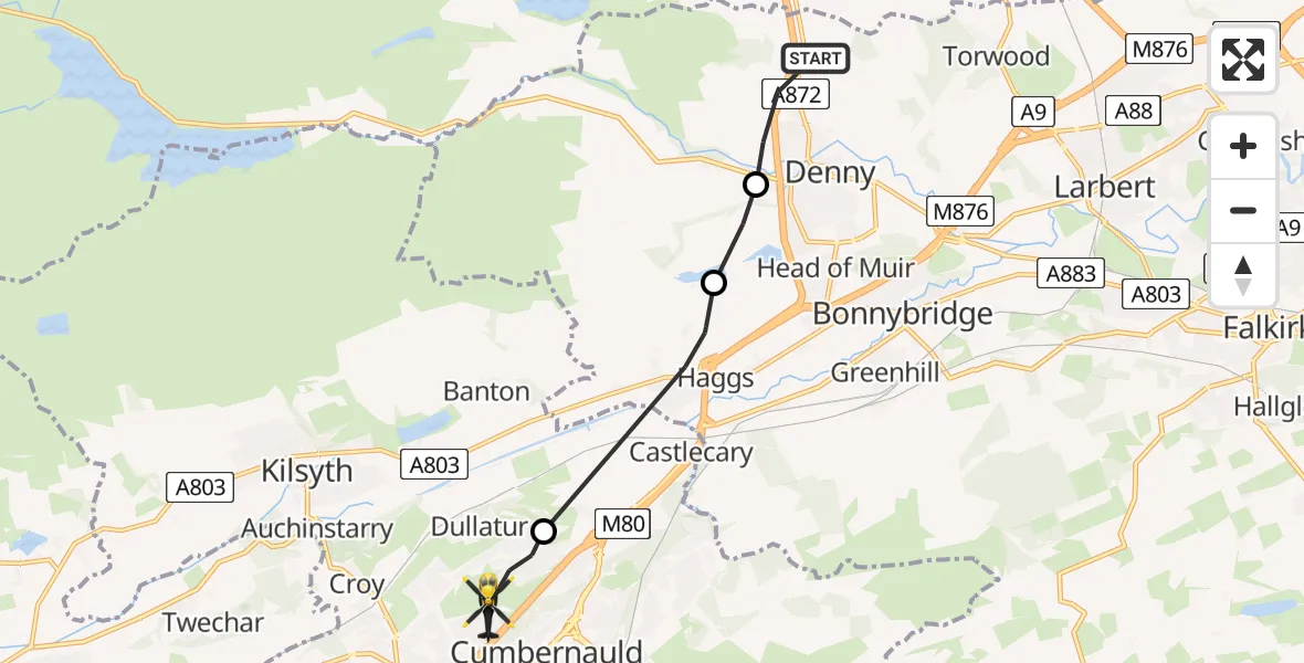 Flight path map showing Police Helicopter route from Bannockburn to Cumbernauld