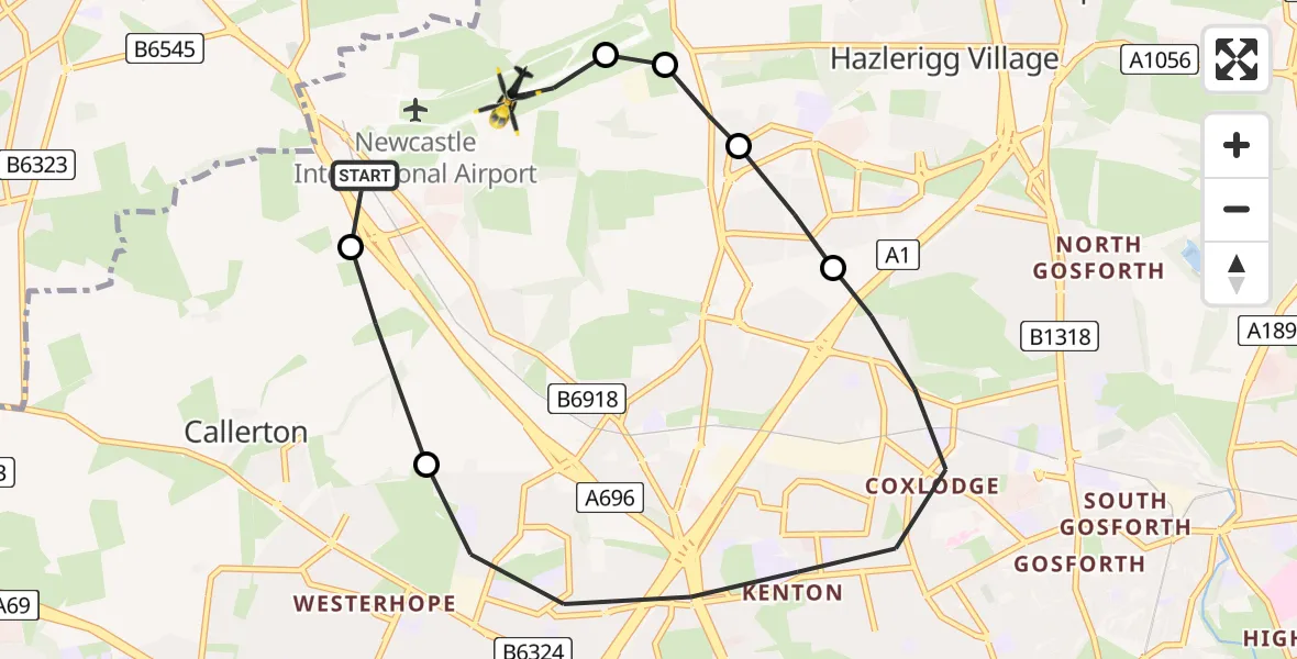 Flight path map showing Police Helicopter route from Newcastle International Airport to Newcastle International Airport