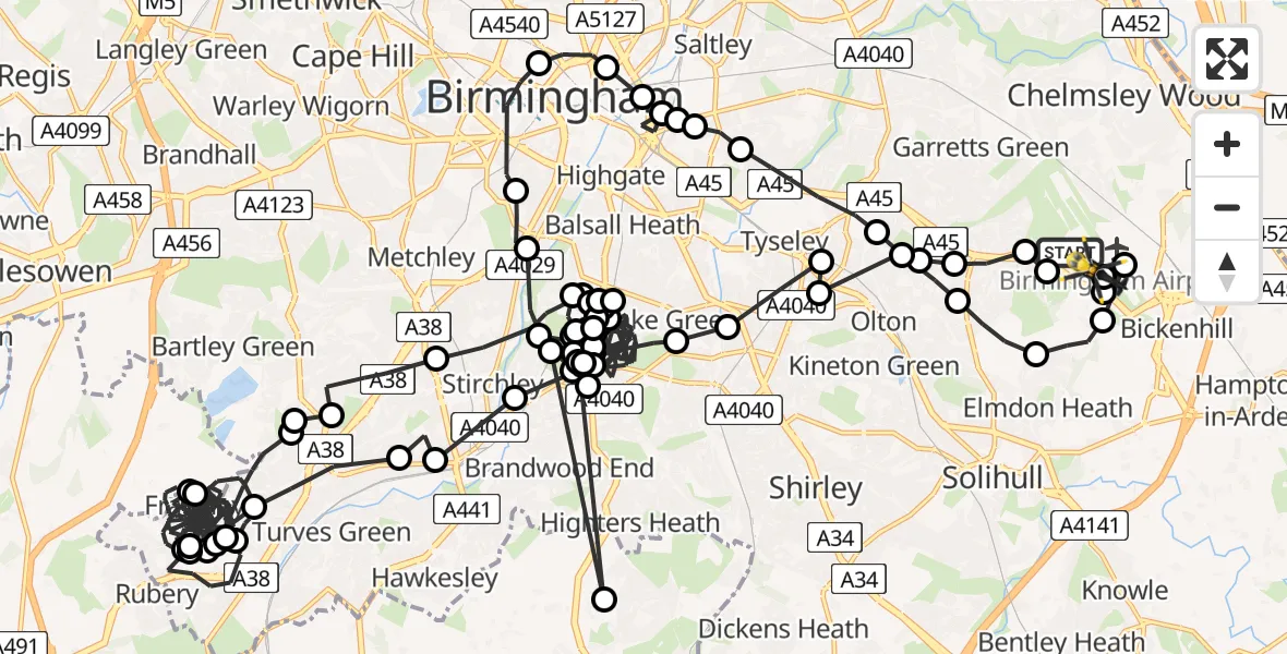 Flight path map showing Police Helicopter route from Birmingham Airport to Birmingham Airport