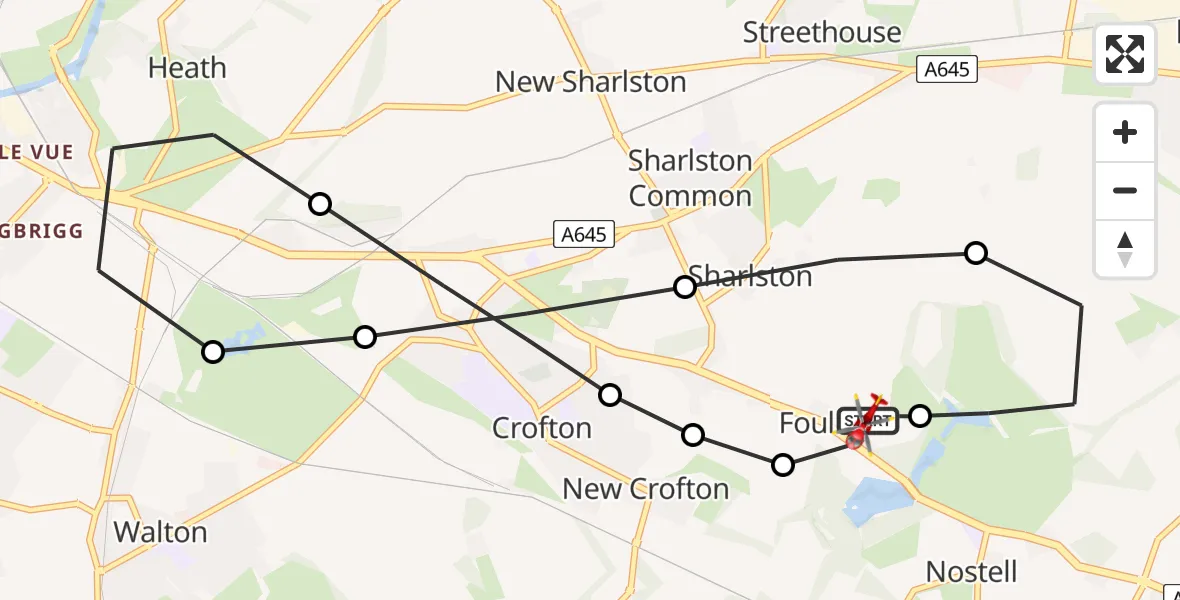 Flight path map showing Air Ambulance Helicopter route from YAA Nostell Helicopter Port to YAA Nostell Helicopter Port
