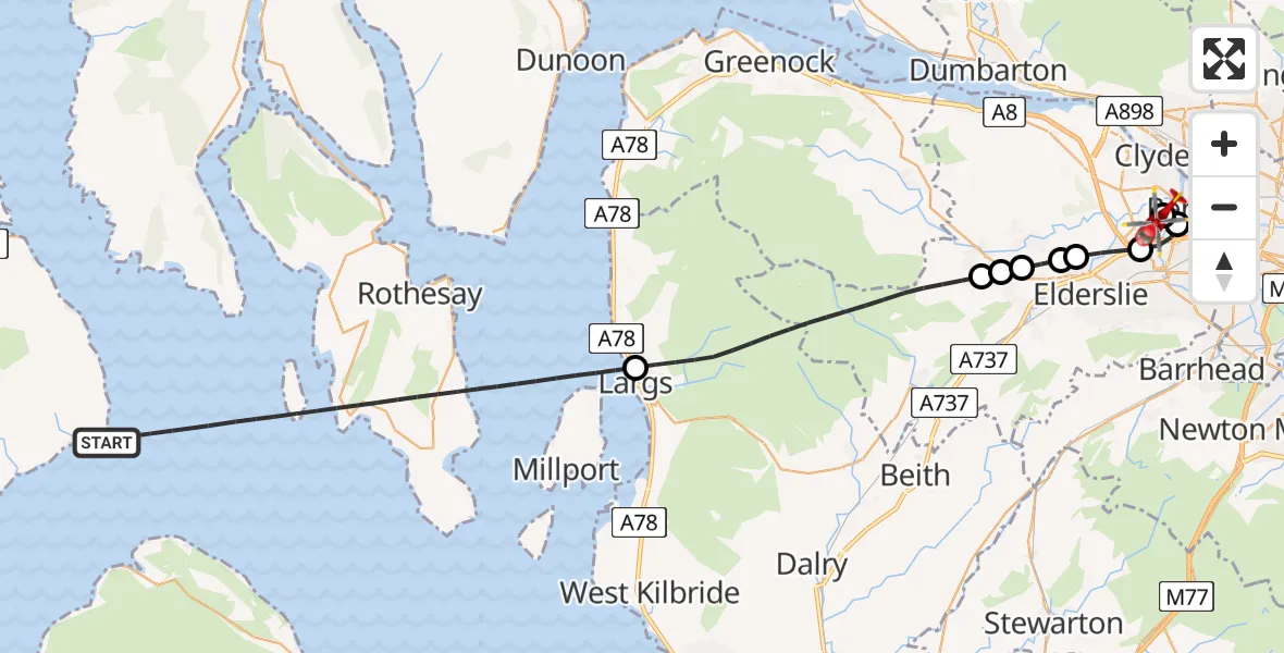 Flight path map showing Air Ambulance Helicopter route from Inner Seas to Glasgow Airport