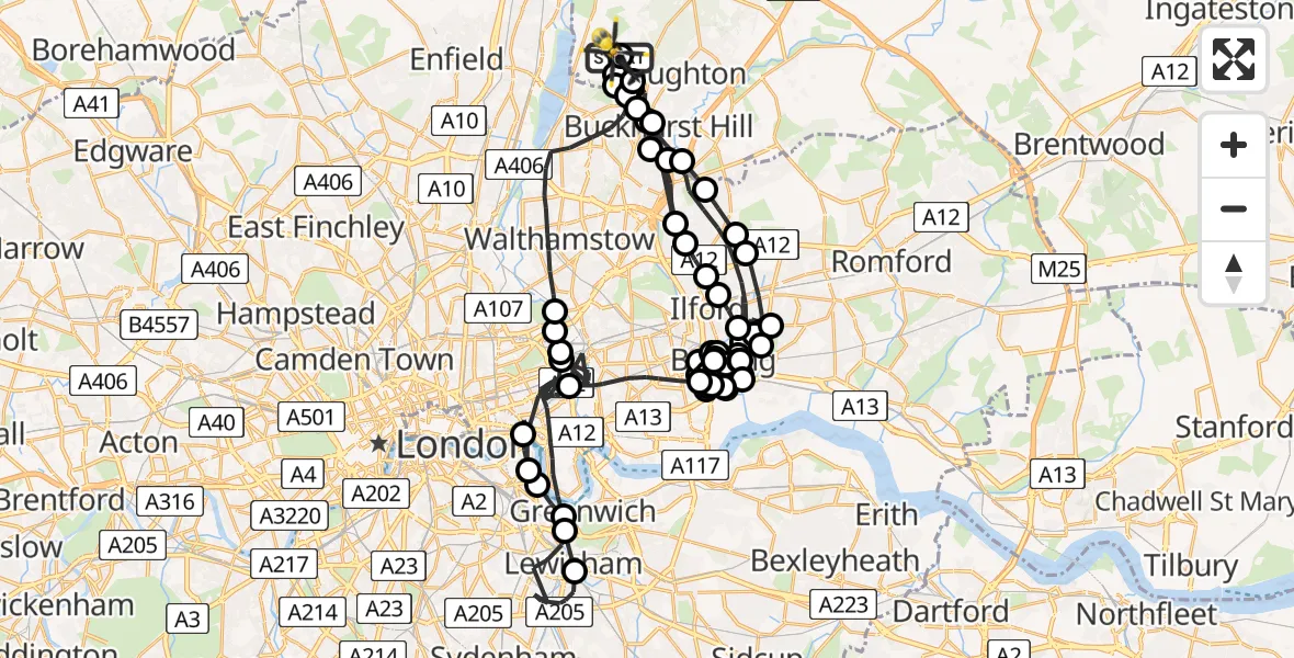 Flight path map showing Police Helicopter route from Metropolitan Police Air Support Unit Lippitts Hill to Metropolitan Police Air Support Unit Lippitts Hill