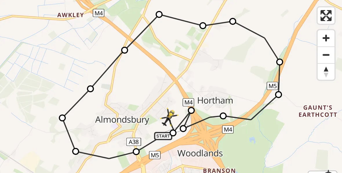 Flight path map showing Police Helicopter route from Almondsbury Helicopter Base to Almondsbury Helicopter Base