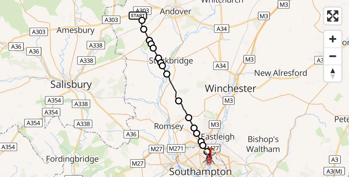 Flight route Air Ambulance Helicopter Thruxton - Southampton, 03 March 2026, 00:49