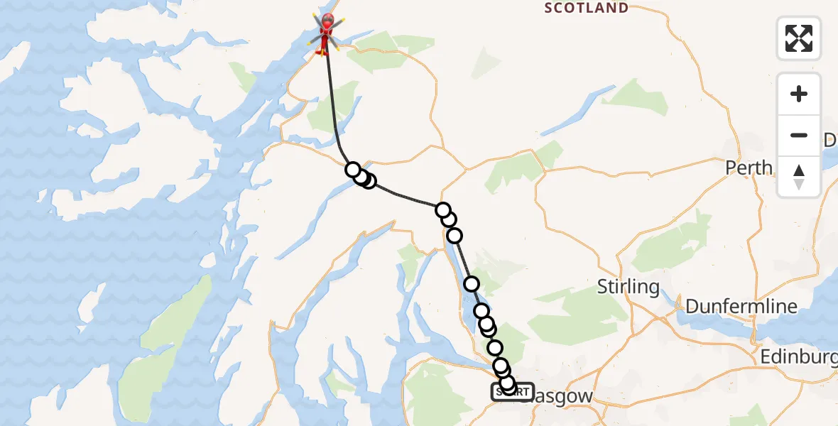 Flight path map showing Air Ambulance Helicopter route from Glasgow Airport to Onich