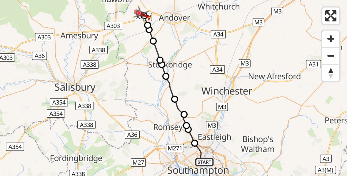 Flight route Air Ambulance Helicopter Southampton - Fyfield, 03 March 2026, 01:26