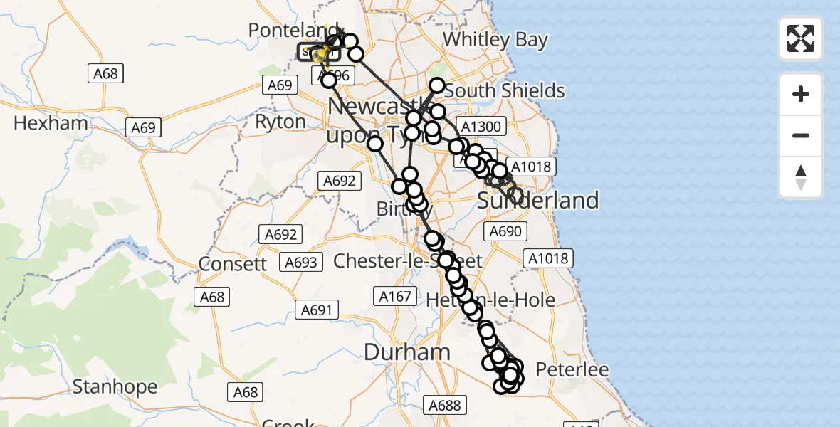 Flight path map showing Police Helicopter route from Newcastle International Airport to Newcastle International Airport