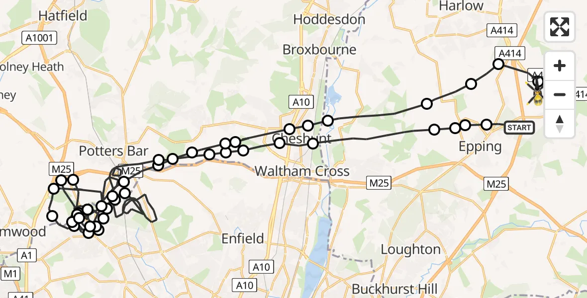Flight path map showing Police Helicopter route from North Weald Bassett to North Weald Airfield