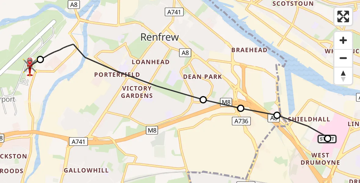 Flight route Air Ambulance Helicopter Queen Elizabeth Hospital - Glasgow Airport, 03 March 2026, 04:19