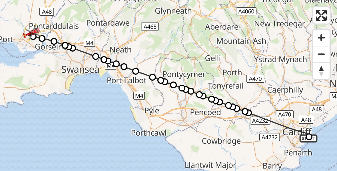 Flight path map showing Air Ambulance Helicopter route from Cardiff Heliport to Dafen