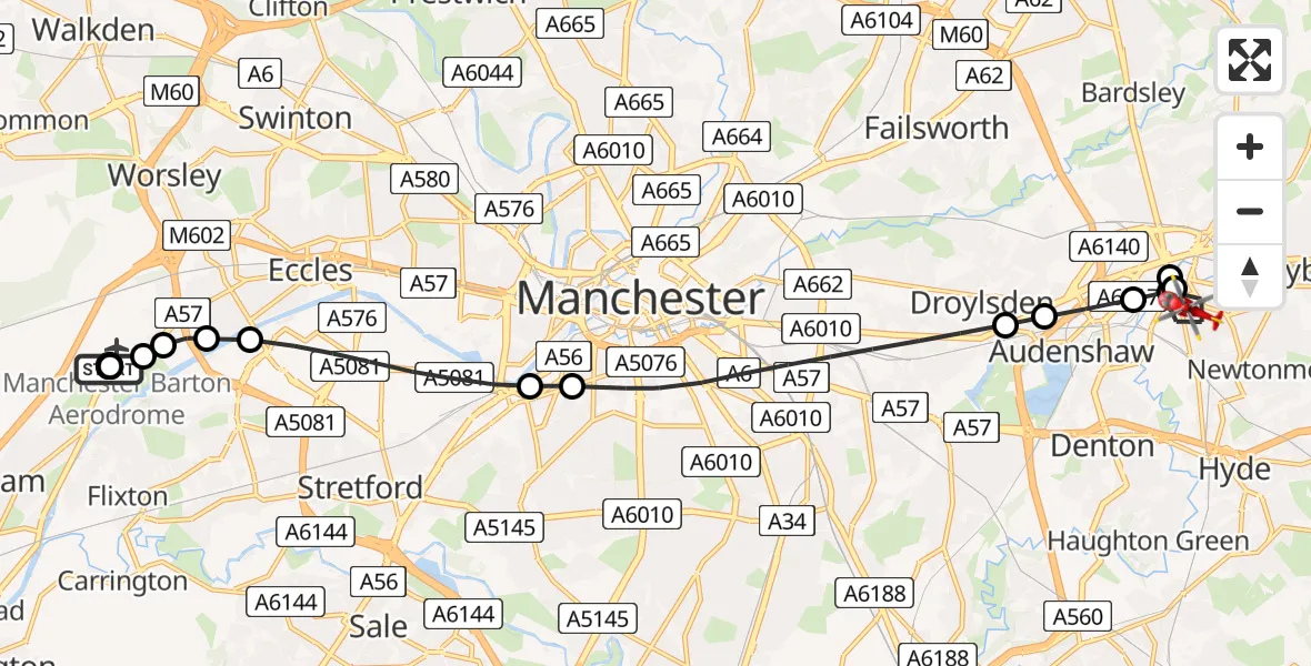 Routekaart van de vlucht: Air Ambulance Helicopter to Dukinfield, Chapel Street
