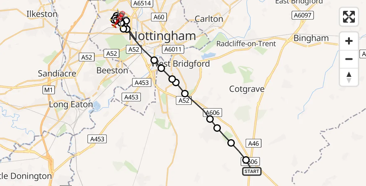 Flight route Air Ambulance Helicopter Rushcliffe - Wollaton, 03 March 2026, 07:43