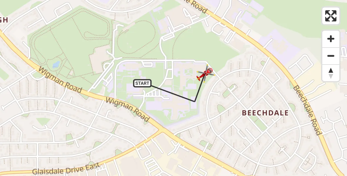 Routekaart van de vlucht: Air Ambulance Helicopter to Wollaton, Saltburn Road