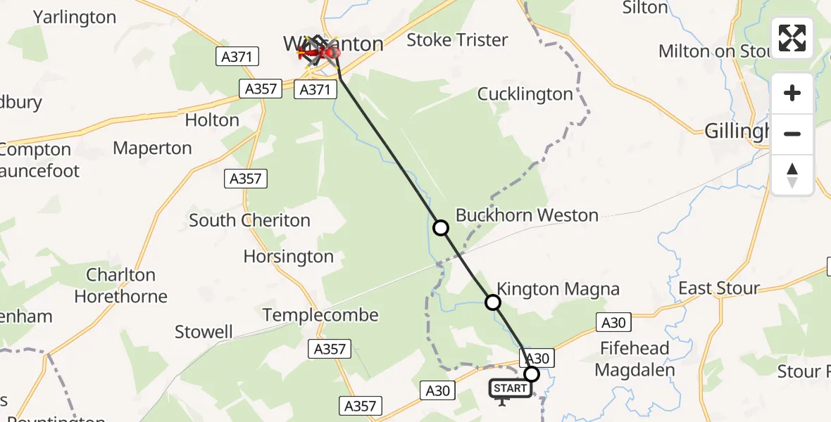 Flight path map showing Air Ambulance Helicopter route from Henstridge Airfield to Wincanton
