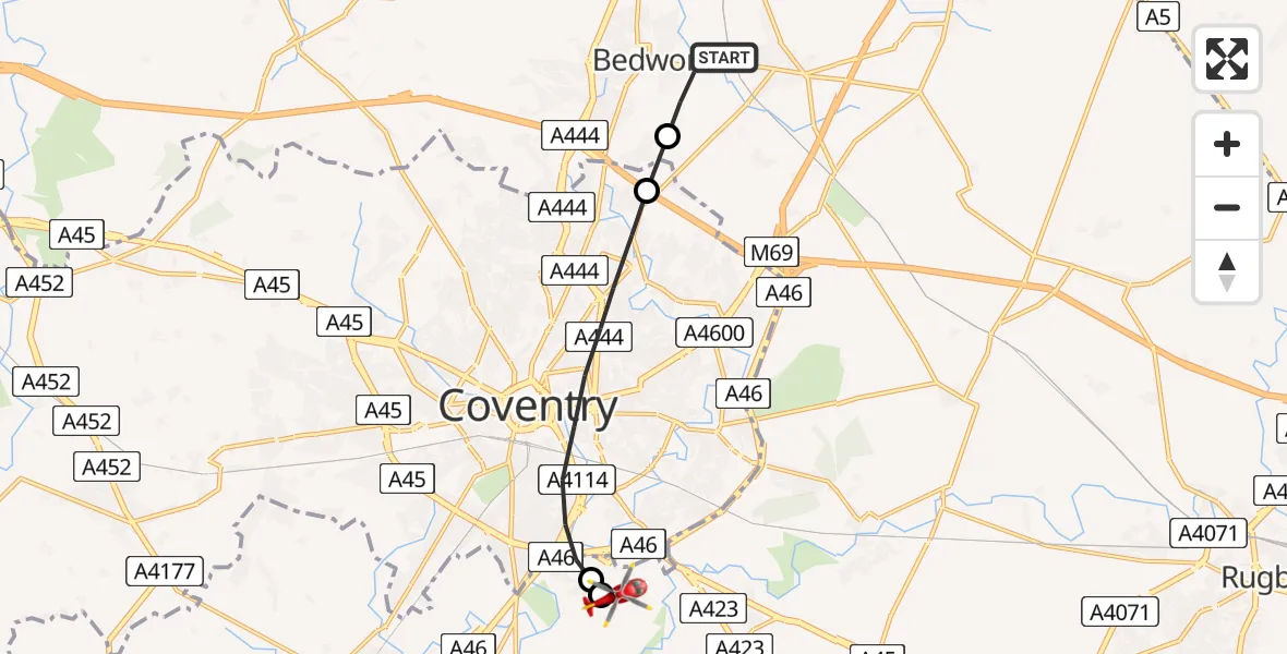 Flight route Air Ambulance Helicopter Bedworth - Coventry Airport, 03 March 2026, 08:17