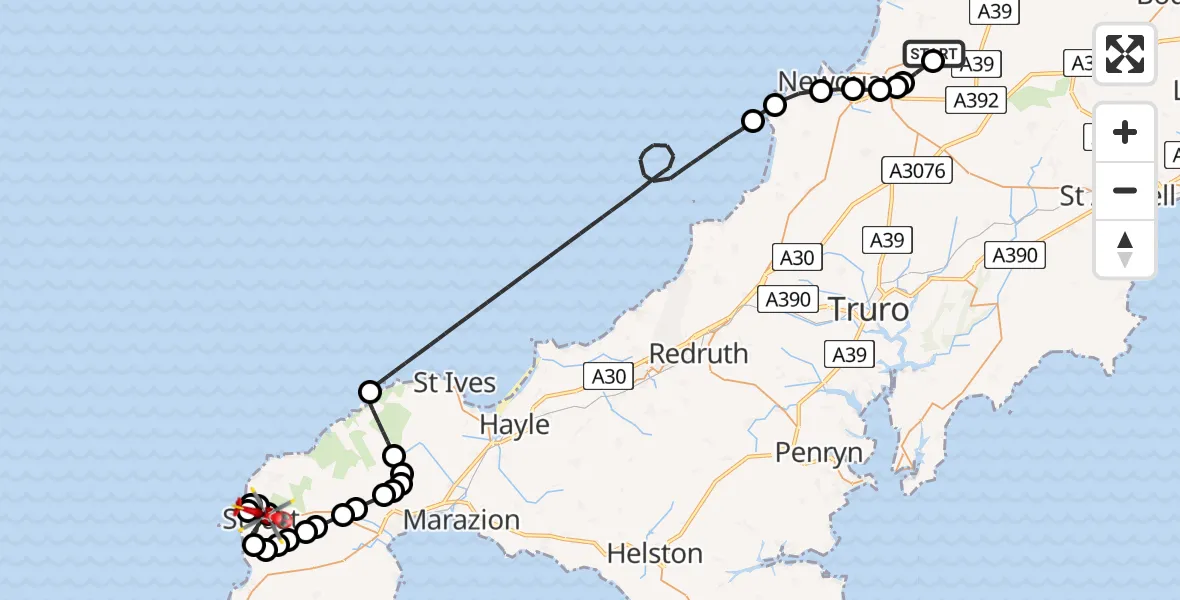 Flight route Air Ambulance Helicopter Cornwall Airport Newquay - Bosavern, 03 March 2026, 08:25