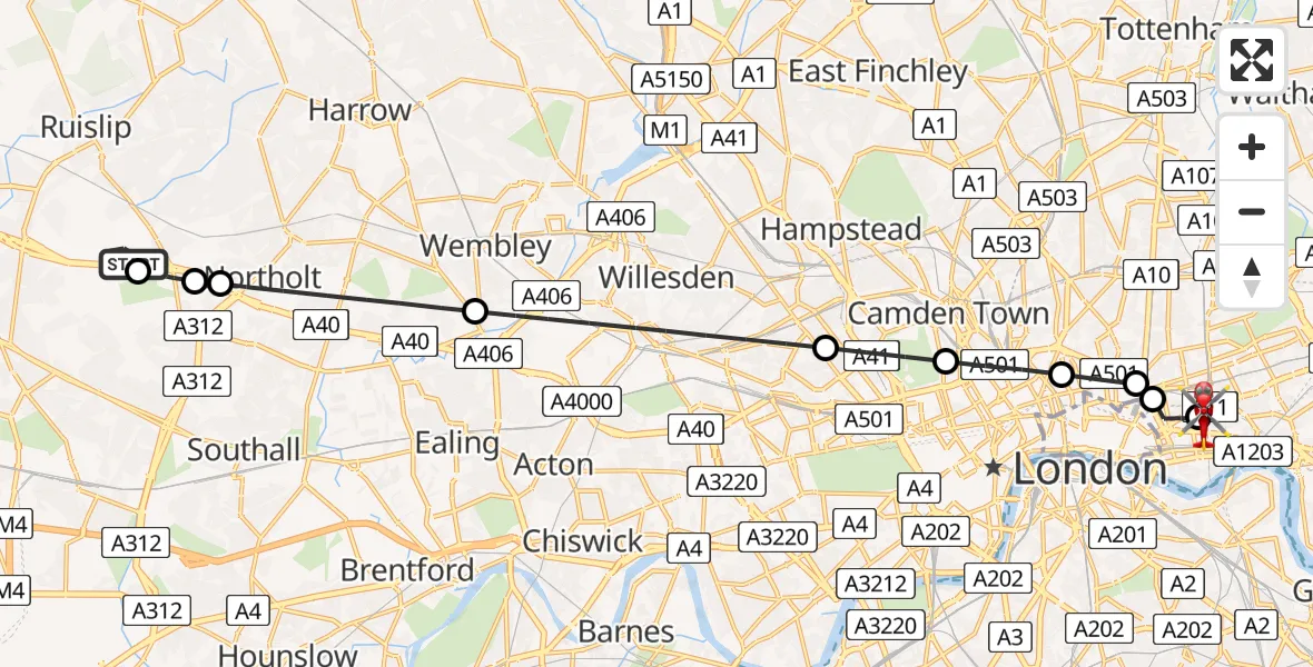 Flight route Air Ambulance Helicopter RAF Northolt - Royal London Hospital, 03 March 2026, 08:27