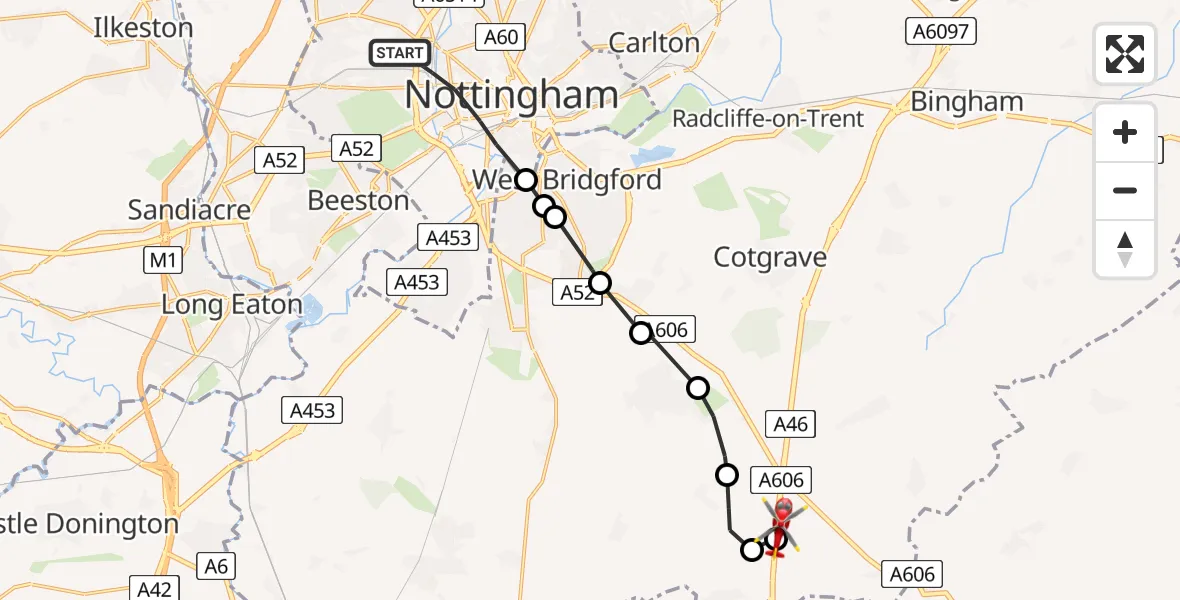 Flight route Air Ambulance Helicopter City of Nottingham - Nottingham Heliport, 03 March 2026, 08:42