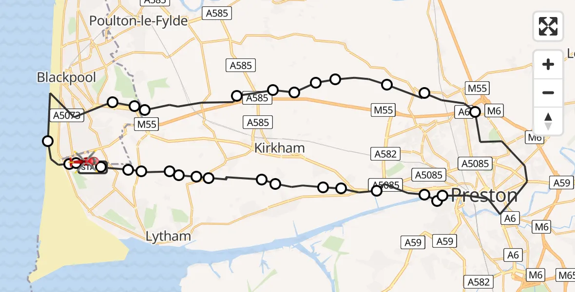 Routekaart van de vlucht: Air Ambulance Helicopter to Blackpool Airport