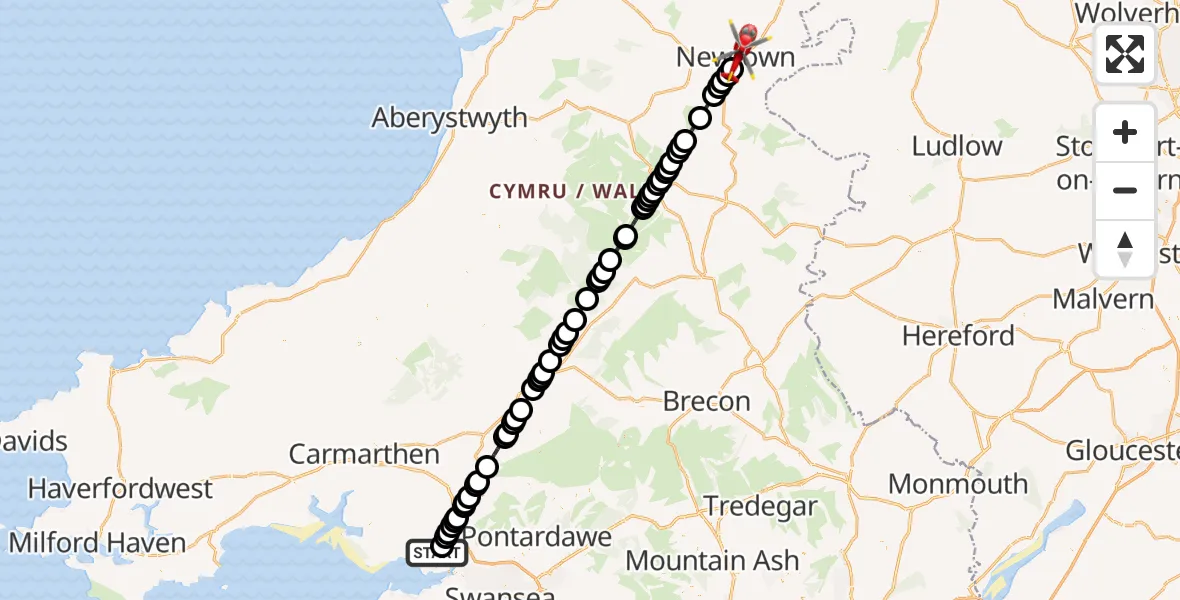 Flight route Air Ambulance Helicopter Dafen - Newtown, 03 March 2026, 08:52