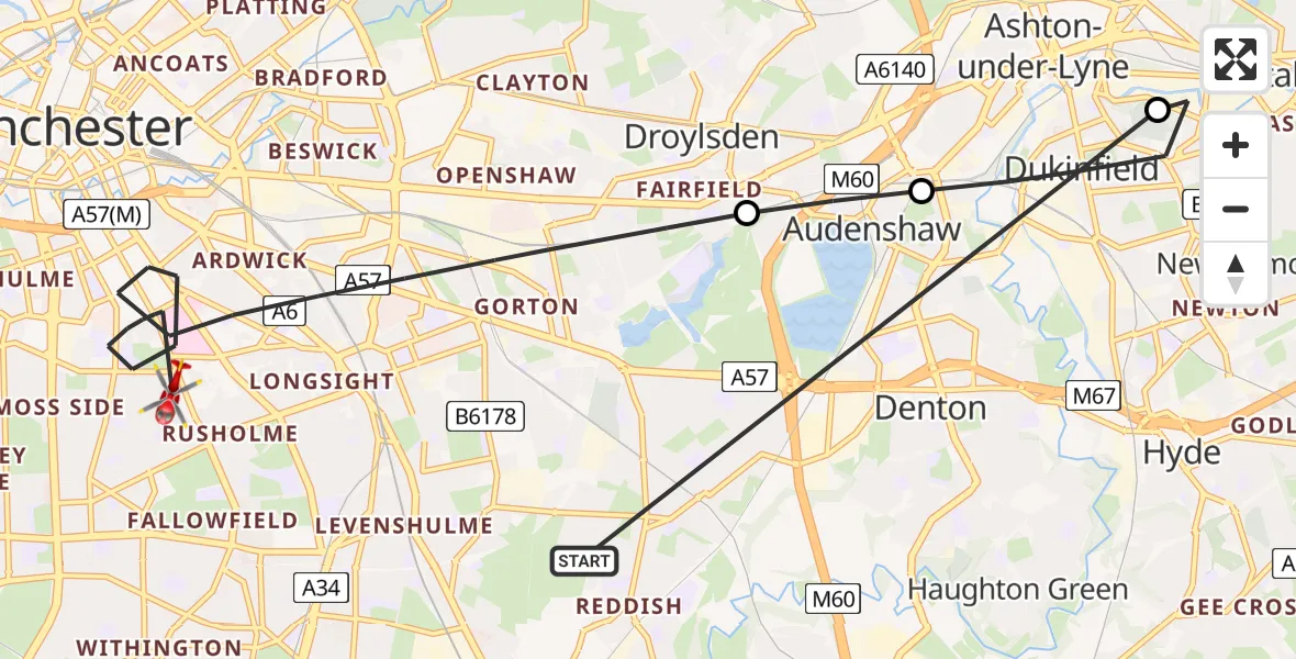 Flight route Air Ambulance Helicopter Stockport - Manchester, 03 March 2026, 08:54