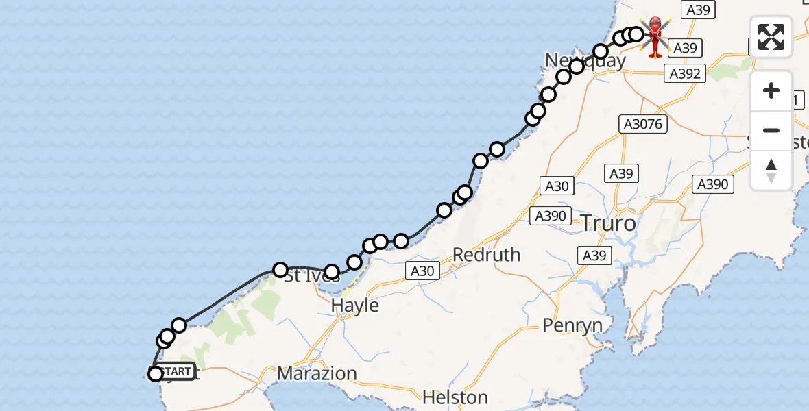 Flight route Air Ambulance Helicopter Bosavern - Cornwall Airport Newquay, 03 March 2026, 08:57