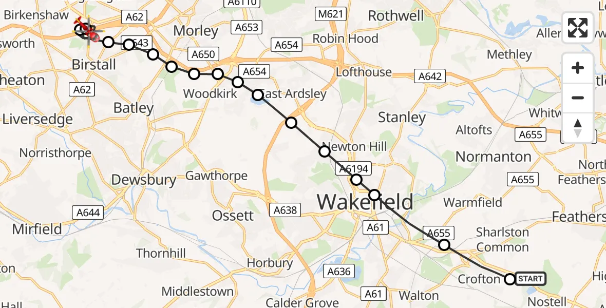 Flight route Air Ambulance Helicopter YAA Nostell Helicopter Port - Birstall, 03 March 2026, 08:58