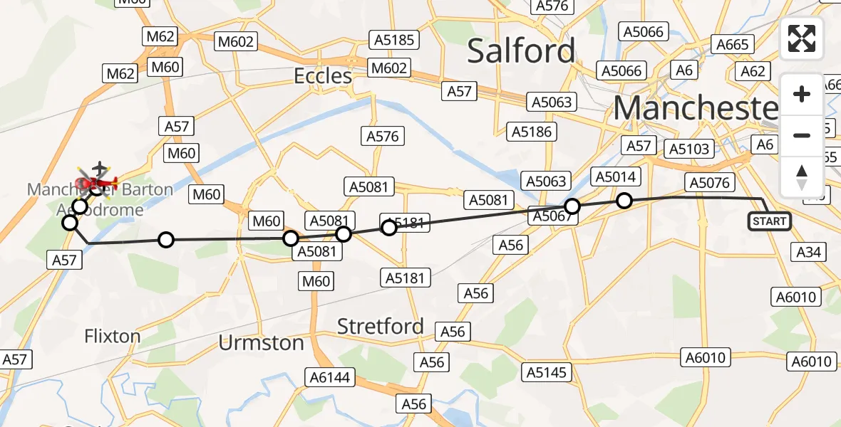 Flight route Air Ambulance Helicopter Manchester - Manchester Barton Aerodrome, 03 March 2026, 09:25