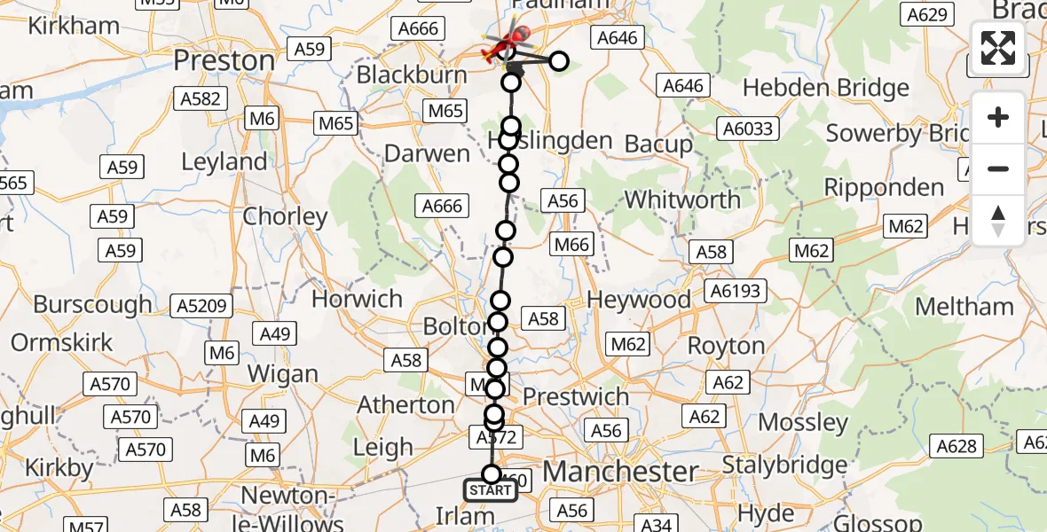 Routekaart van de vlucht: Air Ambulance Helicopter to Clayton-le-Moors, Jubilee Street