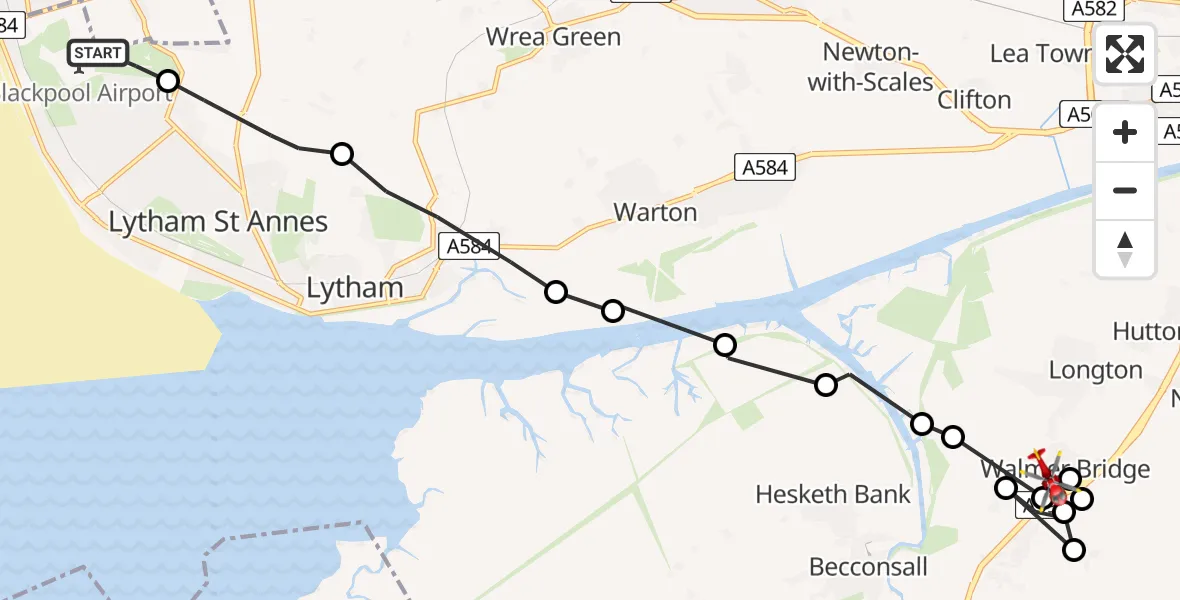 Flight route Air Ambulance Helicopter Blackpool Airport - Walmer Bridge, 03 March 2026, 09:38