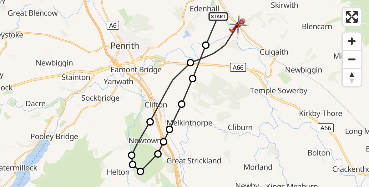 Flight route Air Ambulance Helicopter Edenhall - Culgaith, 03 March 2026, 09:39