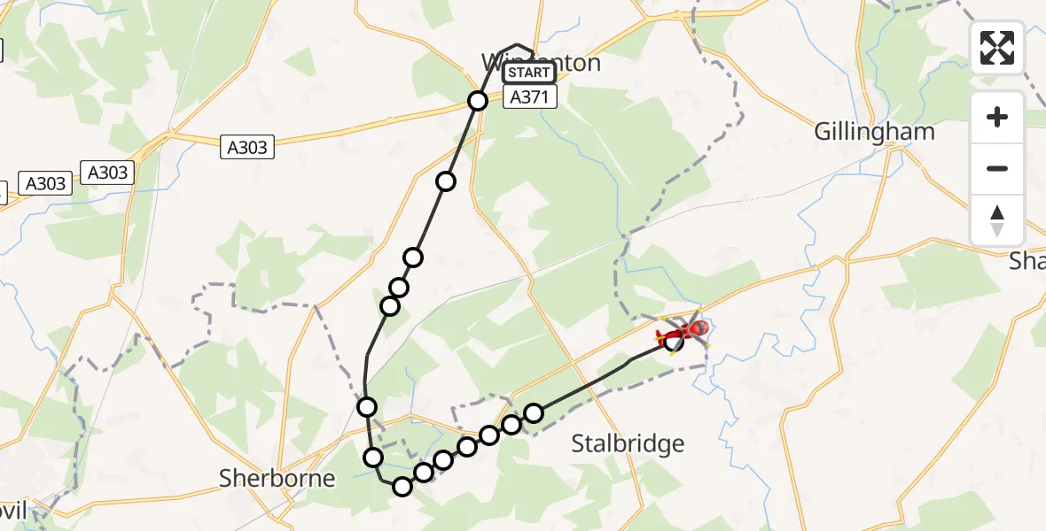 Flight route Air Ambulance Helicopter Wincanton - Henstridge Airfield, 03 March 2026, 09:43